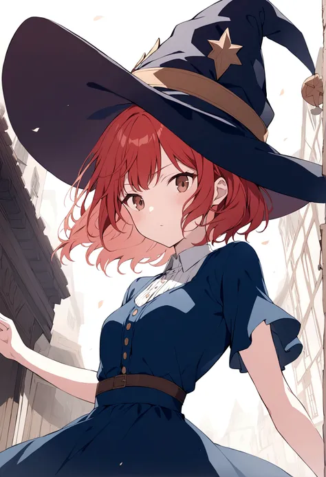 anime girl with short red hair, Brown eyes, blue dress and witch hat