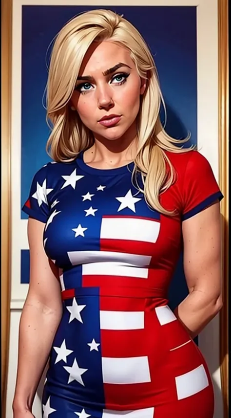 The teenage daughter of Donald Trump and Joe Biden. Looks like the spitting image of both her dads. wearing an american flag dress. 50/50 comical mash up of Donald Trump and Joe Biden. 1girl.