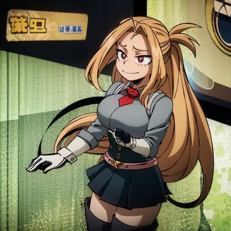 1girl, female focus, boku no hero academia, masterpiece, best quality, very aesthetic, cowboy shot, big breasts, long curly hair, orange hair, dark pink eyes, smirk, gray jacket, red tie, white shirt, teal skirt, gray tights, boots, sunset