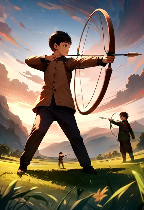 Little boy with brownish black hair traning archery in the middle of field (Pointing a bow and arrow to a target). 4K Resolution, Ultra Detailed Pose. 