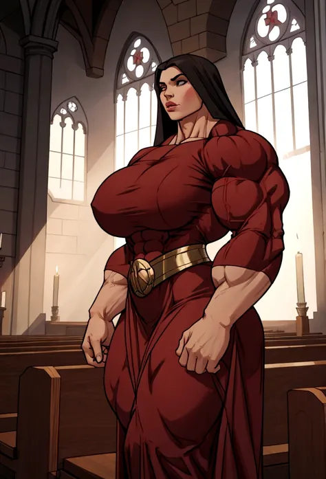 very big muscle woman prayng in church