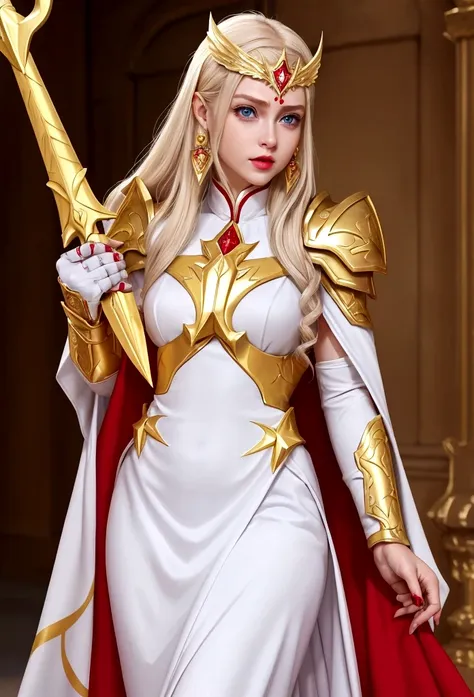 She-Ra and the winged tiara，She was wearing a short white dress decorated with metallic patterns，And a red cape，Golden boots，and long golden wrist guards that extend from the elbow to the wrist。Long blond hair，blue eyes and red lips。 She carries a sword，Cr...