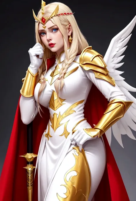 she-ra and the winged tiara，she was wearing a short white dress decorated with metallic patterns，and a red cape，golden boots，and...