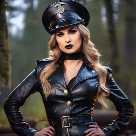 beautiful ((similing)) relytvil posing in (dynamic pose) as a world war 2 diesel punk army officer, black leather uniform with c...