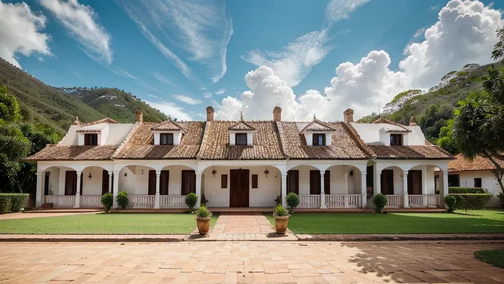 Front view of three small white colonial houses of Villa de Leiva, Colombia with tile roof