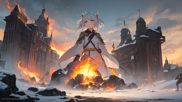 masterpiece:1.2), best quality , 独奏 ,pixiv, anime girl ，long straight white hair , black eyes ,Wearing off-white camouflage uniform ,ten years old，military fortress，(Eyes looking into the distance:1.3)，(look away:1.5)，snowy weather，dirty face，The backgroun...