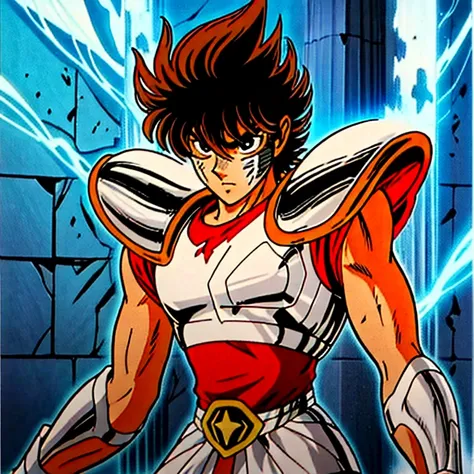 estilo shingoaraki-smf, knights of the zodiac, saint seiya, 1 young boy, messy brown hair, expression of determination on her fa...