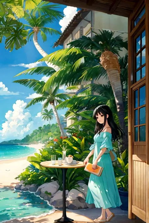 best quality, Tropical、Beach、Cafe、Large terrace、Black Haired Girl,Landscape painting、Ghibli style,Detailed write-up、Glossy