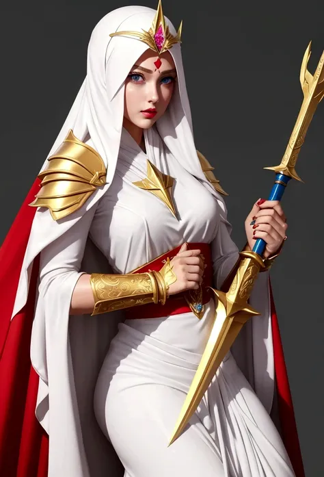 She-Ra and the winged tiara，She was wearing a short white dress decorated with metallic patterns，And a red cape，Golden boots，and long golden wrist guards that extend from the elbow to the wrist。Long blond hair，blue eyes and red lips。 She carries a sword，A ...