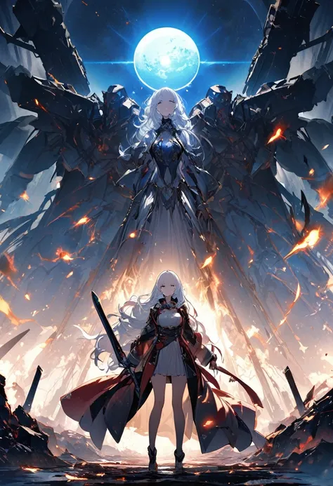 a woman, ((a leader of a fleet of intergalactic armies)), standing amidst the embers of battle, ((her white hair glowing bluish ...