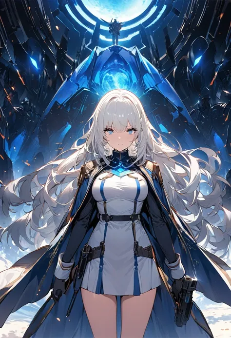 A woman, ((a leader of a fleet of intergalactic armies)), standing amidst the embers of battle, ((her white hair glowing bluish and a manifestation of her strength)), the greatsword in her hand emitting a bright contrast blue light representing the determi...