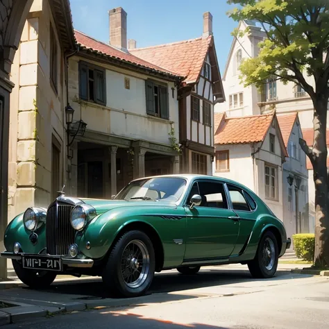 Beautiful scene of a morning day in a old town with a car, bentley, trees, street 