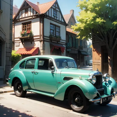 Beautiful scene of a morning day in a old town with a car, bentley, trees, street 