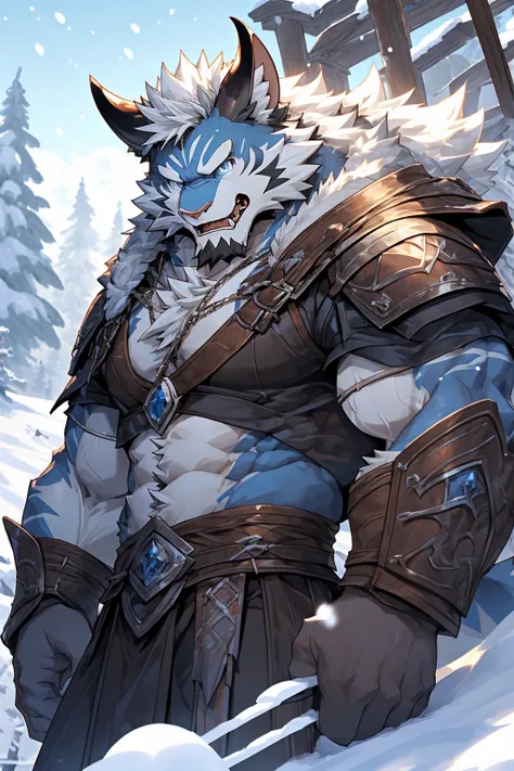 head、Animal cat face、A pair of dragon horns，Fluffy white hair all over the body、Heavy breathing、Gnashing of teeth,Serious expression,muscular、Leather Armor，Viking style，wildcat、blue eyes，(contour）全身覆盖着长long白色毛发、Hairy body、long, Thick chest hair、Severe pubi...