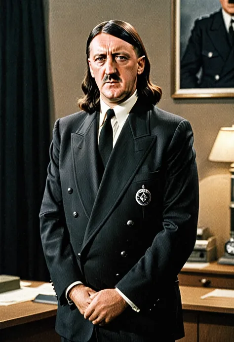 Very long hair jesus-like adolf hitler black suit, 1940s german office background, 80s sitcom style.