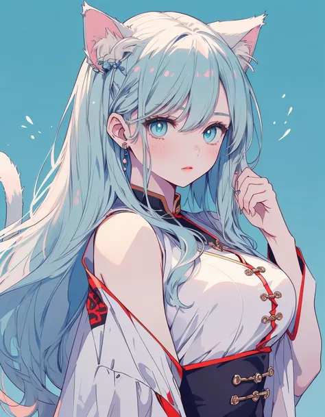 chinese clothes, Chinese background, ((masterpiece, best quality:1.5)), ((Beautiful detailed cat aqua eyes:1.2)), cat ears, pale skin, large breasts, beautiful hands, beautiful fingers, EasyNegative