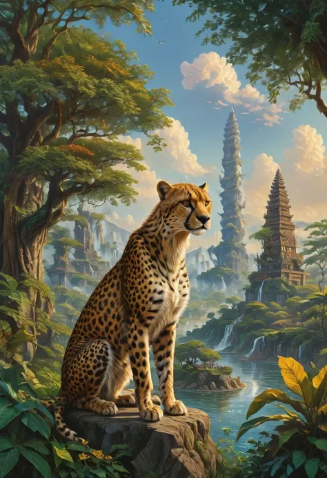 A Cheetah, by Rob Gonsalves, best quality, masterpiece, very aesthetic, perfect composition, intricate details, ultra-detailed