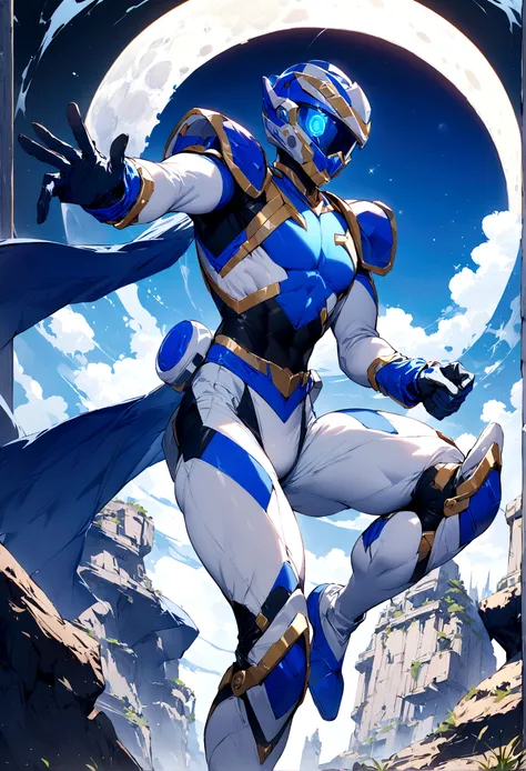 ((best quality)), ((masterpiece)), (detailed), 1man, blue power ranger suit based and designed around the moon, crescent visor, helmet on