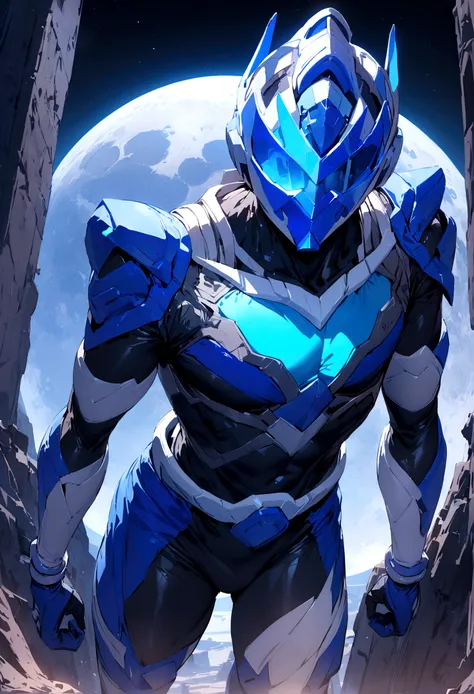 ((best quality)), ((masterpiece)), (detailed), 1man, blue power ranger suit based and designed around the moon, crescent visor, helmet on