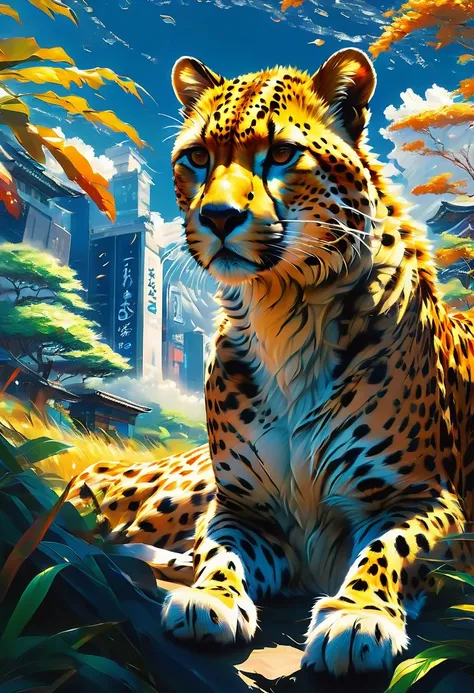 A Cheetah, by Makoto Shinkai and Makoto Niitsu, best quality, masterpiece, very aesthetic, perfect composition, intricate details, ultra-detailed