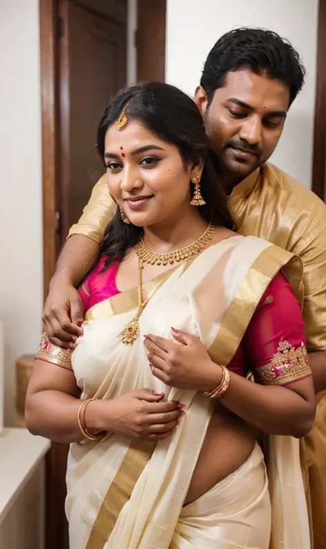 A radiant, full-figured South Indian 45 year old bride ( surrounded by a group of men)wearing a transparent cream colour silky saree standing in a living room, , captured in a full-body image with vibrant hues and meticulous details. Full body image