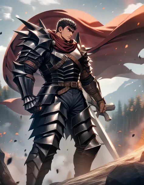 1boy, male focus, guts, guts berserk, guts berserk with full armor, big sword, red eyes, full armor, HDR, 4K,