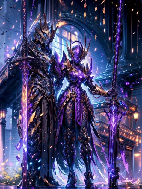 Full body frontal photo,Mecha woman warrior，Heroic style of the Three Kingdomech color: Purple deep series》，（《Romance of the Three Kingdoms》，《Sima Yi》，Magic weapon in hand，），（Full body mecha）, 1 Girl, large breast, thicc, BIG ASS, Keqing from Genshin Impac...