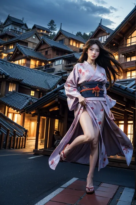 1woman,((((fullbody image)))),red kimono,((((flying)))),(((((flying over houses))))),huge hair,jumping(best quality,4k,8k,highres,masterpiece:1.2),ultra-detailed,(realistic,photorealistic,photo-realistic:1.37),detailed face,beautiful eyes,elegant pose,intr...