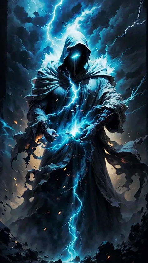 A majestic old mage with gray hair and beard, piercing blue eyes, wearing a large hooded dark robe, conjuring a powerful lightning spell, dynamic storm background, (best quality,4k,8k,highres,masterpiece:1.2),ultra-detailed,(realistic,photorealistic,photo-...