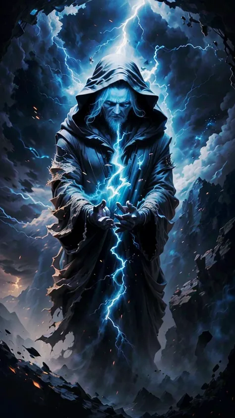 A majestic old mage with gray hair and beard, piercing blue eyes, wearing a large hooded dark robe, conjuring a powerful lightning spell, dynamic storm background, (best quality,4k,8k,highres,masterpiece:1.2),ultra-detailed,(realistic,photorealistic,photo-...