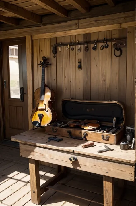 Make a luthiery with a guitar, violin,, table with tools, sign with the name GARAGEM SONORA written, rustic style guitars