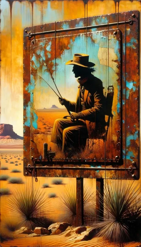 rusty metal advertising sign in an abandoned desert (Dave Mckean inspired art, intricate details, oil painting)
