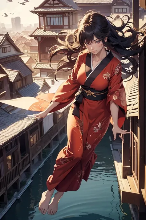 1woman,((((fullbody image)))),red kimono,((((flying)))),(((((flying over houses))))),huge hair,jumping(best quality,4k,8k,highres,masterpiece:1.2),ultra-detailed,(realistic,photorealistic,photo-realistic:1.37),detailed face,beautiful eyes,elegant pose,intr...