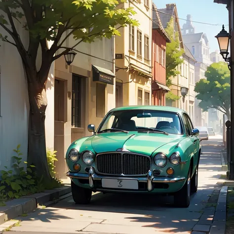 Beautiful scene of a morning day in a old town with a car, bentley, trees, street 