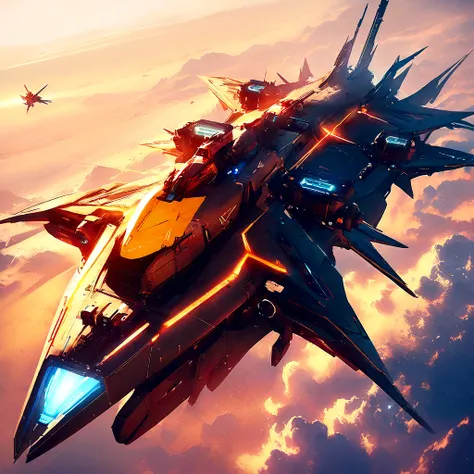 spaceship flying over the clouds in the sky with a bright light, star citizen digital art, sparth style, macross, star citizen, inspired by sparth, star citizen concept art, star citizen halo, macross franchise, by sparth, star citizen origin 100i, sci-fi ...