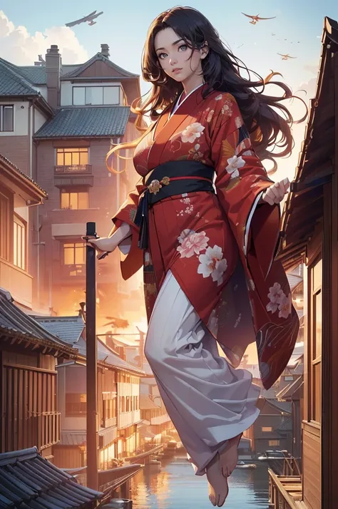 1woman,((((fullbody image)))),red kimono,((((flying)))),(((((flying over houses))))),huge hair,(best quality,4k,8k,highres,masterpiece:1.2),ultra-detailed,(realistic,photorealistic,photo-realistic:1.37),detailed face,beautiful eyes,elegant pose,intricate k...