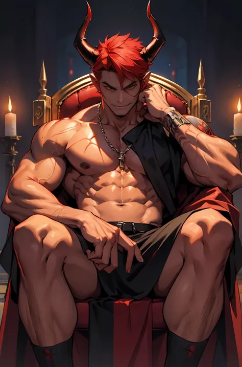 Demon, muscled body, absurdly tall body, hot male demon, red skin, devil, demon horns, sitting on his throne 