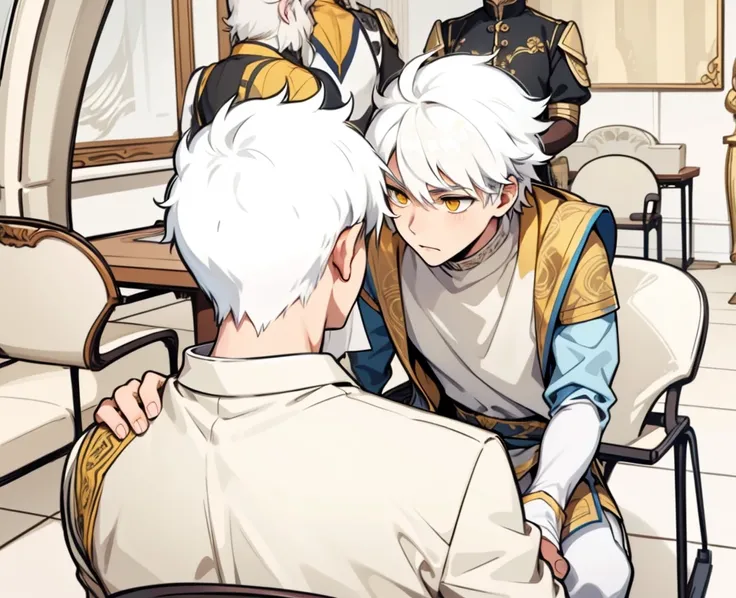 White hair, yellow eyes, speaks kindly to the boy who is sitting with his back to him.