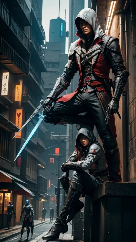 Two Cyberpunk Assassins Creed Holding swords, Sitting on the rafters on the wall on the restaurant street on a modern street. Robots work everywhere. Modern weapons. Modern red suit. Electronic city. Modern weapons. White suit. Hold the blade. Metal robot ...