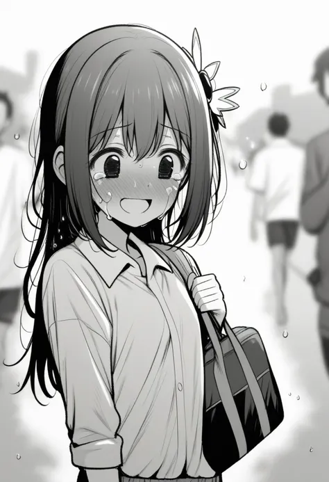 masterpiece, best quality, 1girl, mamerakkkkko, yui_(princess_connect!), greyscale, manga style, japanese, chi no wadachi, black eyes, street, iced, black hair, schoolbag, smile, lineart, white background, white shirt, grey shorts, centered, 18 years old, ...