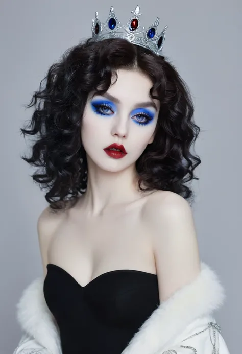 Beautiful vampire, totally naked, with skin white like marble, with black and curly hair, with red pupils and black lips, with a white and blue queen&#39;s cape that covers only her shoulders and arms, flying over the clouds full length under an immense fu...