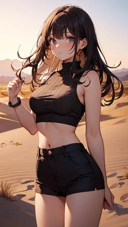 A beautiful girl exploring the vast desert、Beige midriff-baring explorer outfit