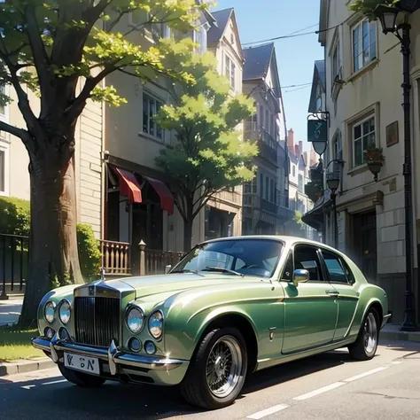 Beautiful scene of a morning day in a old town with a car, bentley, rolls royce, bmw, trees, street 