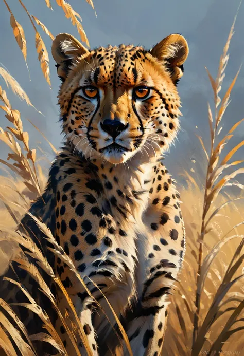 a cheetah, by greg rutkowski, best quality, masterpiece, very aesthetic, perfect composition, intricate details, ultra-detailed