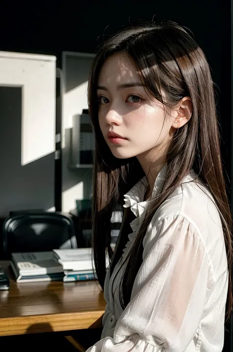 girl with long brown hair, white blouse, office, black walls, serious atmosphere, sunlight