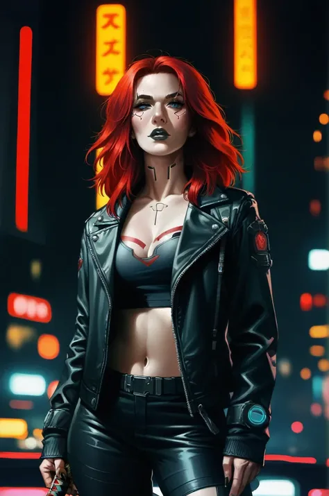 Girl with red hair, black lips in cyberpunk 2077 style in a bar. The girl is wearing a leather jacket with long sleeves and a short leather skirt. Emphasis on red. In her hand she has a katana, a black katana with a red blade.. realistically