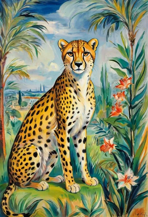 A Cheetah, by Jean Dufy, best quality, masterpiece, very aesthetic, perfect composition, intricate details, ultra-detailed