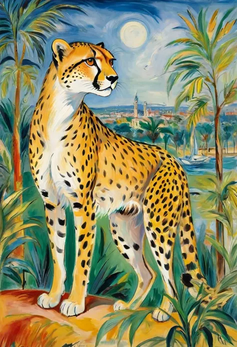 A Cheetah, by Jean Dufy, best quality, masterpiece, very aesthetic, perfect composition, intricate details, ultra-detailed