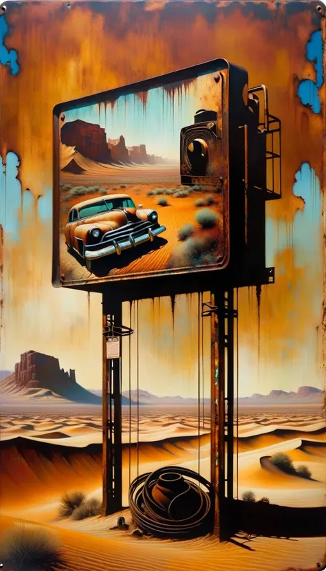 rusty metal advertising sign in an abandoned desert (Dave Mckean inspired art, intricate details, oil painting)
