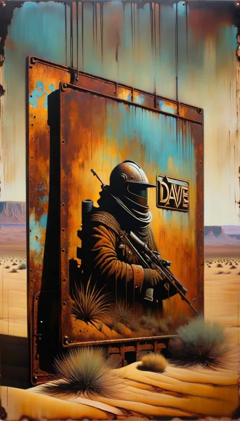 rusty metal advertising sign in an abandoned desert (Dave Mckean inspired art, intricate details, oil painting)
